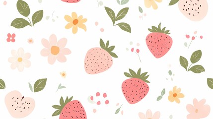 cute pink and white strawberry flowers illustration poster background