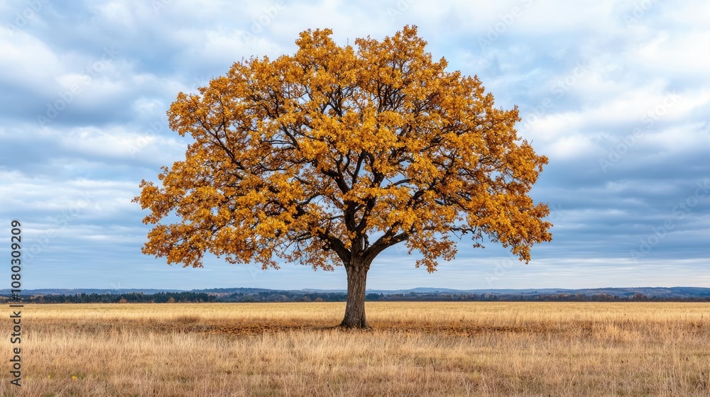 Aufkleber autumn tree with golden leaves against a cloudy sky in a field.