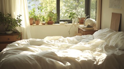 A white bed with white linens and pillows, with sunlight streaming through the window.