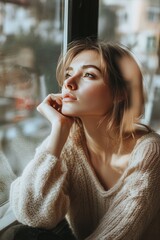 Fototapeta premium Woman in quiet, reflective pose, contemplating her future and next steps after dealing with heartbreak and betrayal. Journey of resilience, strength, and self-discovery as navigate forward in solitude