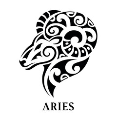 Zodiac sign Aries in maori tattoo style. Astrology emblem
