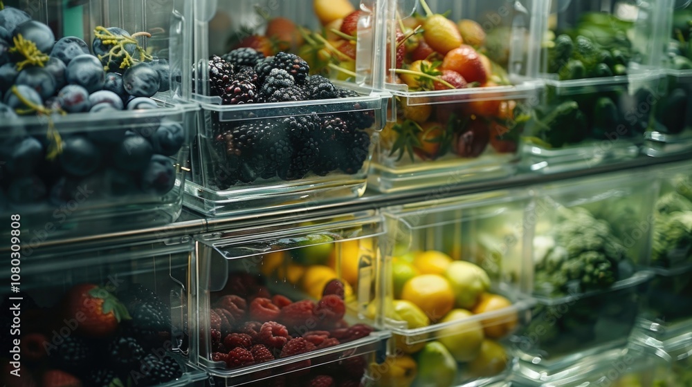 Poster a colorful display case filled with various fruits, ideal for use in food or health-related contexts