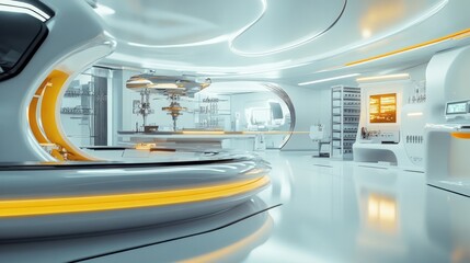 lab featuring advanced scientific equipment, including a glowing quantum computer and high-tech instruments, set against a pristine white background.