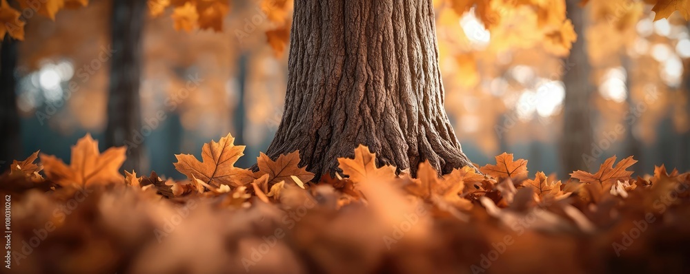 Aufkleber close-up of a tree trunk surrounded by autumn leaves in a serene forest.