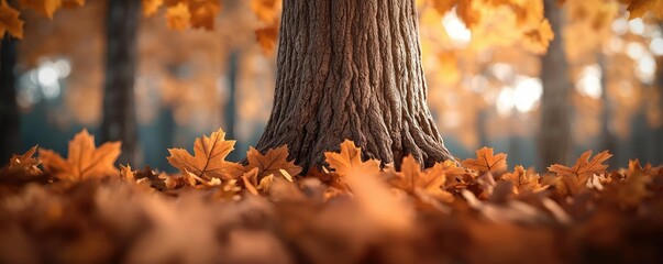 Close-up of a tree trunk surrounded by autumn leaves in a serene forest.