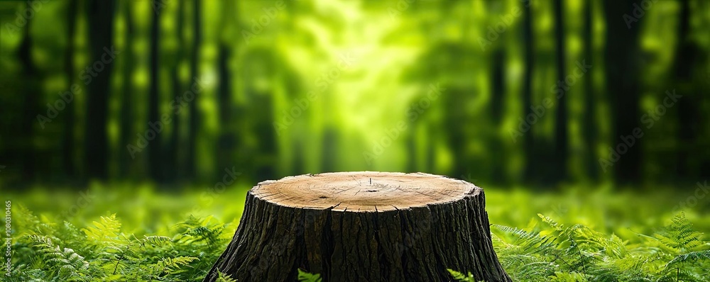 Poster Tree stump in a lush green forest with soft sunlight filtering through.