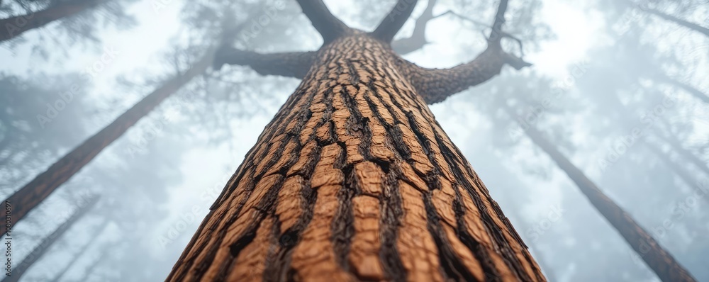 Poster Close-up view of a tall tree trunk in a foggy forest, showcasing its texture.