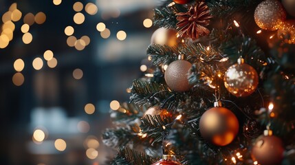 A close-up of a decorated Christmas tree with golden ornaments and twinkling lights