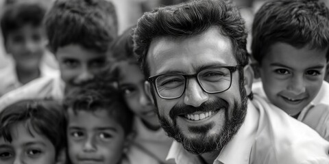 A happy man surrounded by children, smiling together in a joyful moment