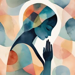 A minimalist watercolour artwork with abstract silhouette of a woman that pray for peace. Abstract simple painted background. Calm delicate template. World Day of Prayer for Peace. 