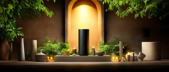 Fototapeta premium Secluded Patio Oasis at Dawn with Soft Lighting and Lush Greenery, Tranquil Nighttime Scene with Bench and Shrine