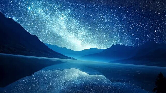 A breathtaking view of a still lake reflecting the vast expanse of a starry night sky, with majestic mountains silhouetted against the celestial canvas.