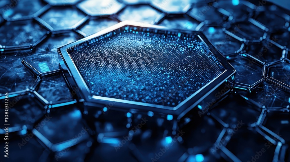 Poster create a detailed digital shield symbol featuring a unique hexagonal pattern for enhanced visual app