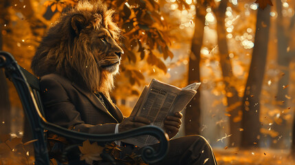 A surreal depiction of a lion wearing sunglasses and a suit, sitting on a park bench, reading a newspaper, surrounded by lush greenery in late afternoon light.