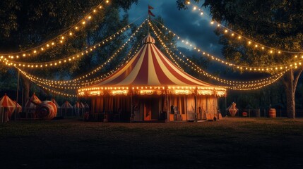 A large circus tent with lights hanging from the top