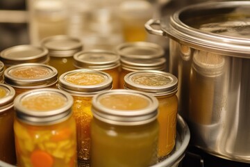 A collection of jars filled with food and condiments sitting on top of a stove, perfect for use in kitchen or cooking related contexts
