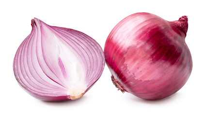 Side view of red onion or shallot with half in stack isolated on white background with clipping path