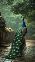 Fototapeta premium A vibrant peacock stands gracefully in a rain-soaked temple garden, showcasing its colorful plumage against lush greenery and ancient stonework.