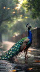 Fototapeta premium Vibrant peacock in a lush, rainy forest, showcasing its colorful feathers under a gentle shower, creating a serene atmosphere.