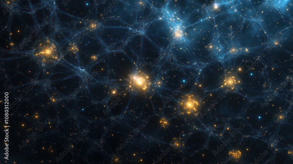 Poster communication network, showcasing interconnected nodes and pathways formed by luminous particles in 