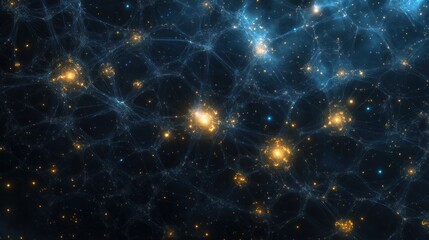 communication network, showcasing interconnected nodes and pathways formed by luminous particles in a dark,