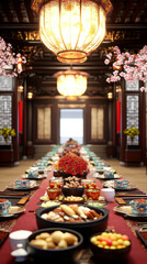 traditional Chinese banquet table is beautifully set with variety of delicious dishes, creating festive and inviting atmosphere. elegant decor enhances dining experience.