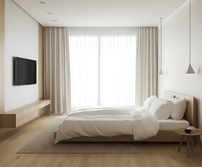 3D Rendering of an Elegant Minimalist Bedroom with  Ambient Lighting, and Modern Decor