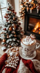 A festive cup of hot cocoa topped with marshmallows, set beside a fireplace and decorated Christmas tree indoors.