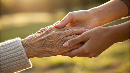 a young girl holding old people hand. An elderly care love support with sunset background.