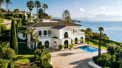 Obraz premium Palm Beach Mediterranean villa with private beach cabana and tropical gardens, luxury Florida coastal estate