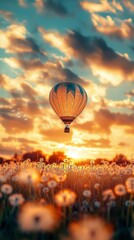 Obraz premium A hot air balloon floats above a field of dandelions during a breathtaking sunset, capturing serene beauty and adventure.