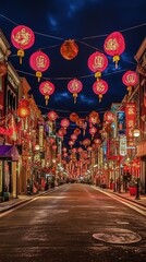 Fototapeta premium A vibrant display of red Chinese lanterns illuminates a lively city street, celebrating a festive cultural event under the night sky.