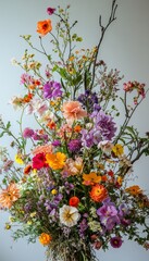 A lush arrangement of diverse wildflowers, showcasing vivid blossoms and natural elegance against a subtle gray background.