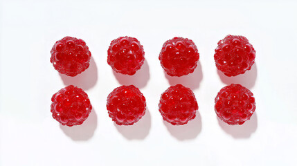 product photography cranberry and raspberries -flavoured round candy, eight pieces are in two rows, on white background, shot from above
