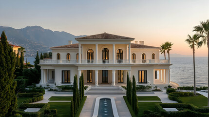 Fototapeta premium Palm Beach Mediterranean villa with private beach cabana and tropical gardens, luxury Florida coastal estate