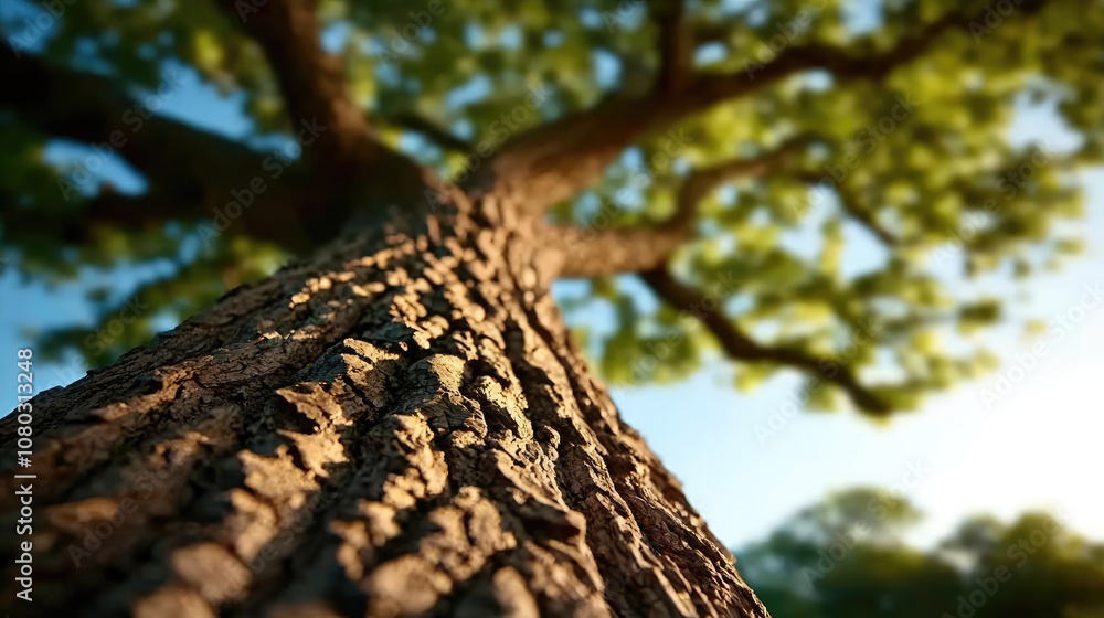 Aufkleber tree trunk looking up towards canopy in sunlight, blurred green foliage in background.