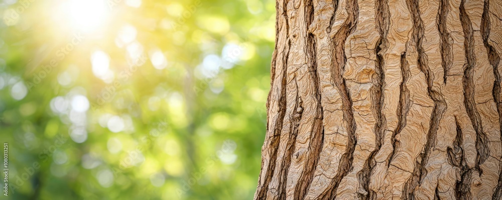 Aufkleber close-up of tree bark with sunlight filtering through leaves.