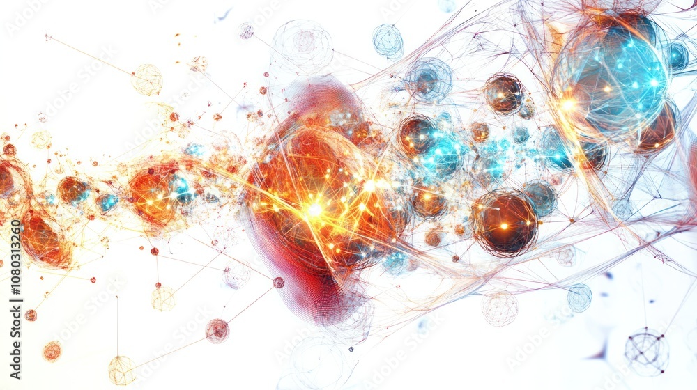 Poster showcasing a series of luminous quantum bits arranged in a circular pattern,