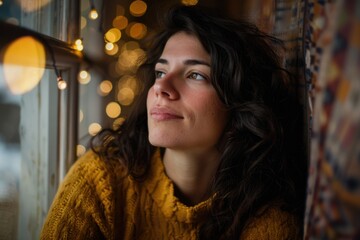 A woman stands by a window, gazing out into the night as bright lights shine behind her