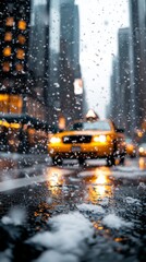 A yellow taxi drives through a snowy city street, reflecting vibrant lights amidst falling...