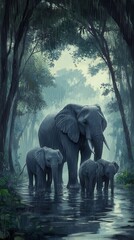 Fototapeta premium Wild Elephant Family in Misty Jungle Forest, Wildlife Portrait with Nature Elements