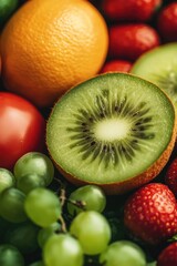 A close-up of kiwi fruit and grapes, suitable for food or health-related themes