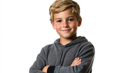 Naklejka premium A young boy stands with his arms crossed, wearing a grey hoodie