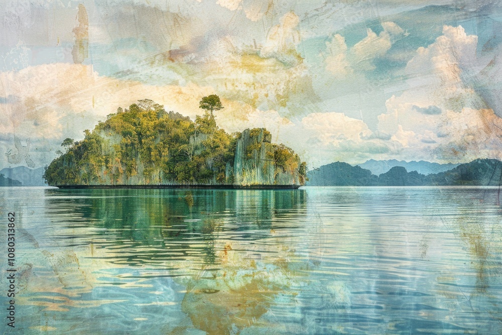 Poster a peaceful scene of a small island surrounded by calm waters, suitable for use as a calming backgrou