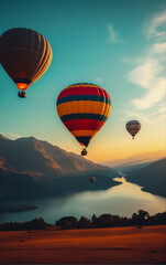 Obraz premium Hot Air Balloons Above Serene Water and Majestic Mountains, Capturing Tranquil Beauty