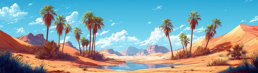 Explore the serenity of a desert oasis surrounded by majestic palm trees and vibrant nature
