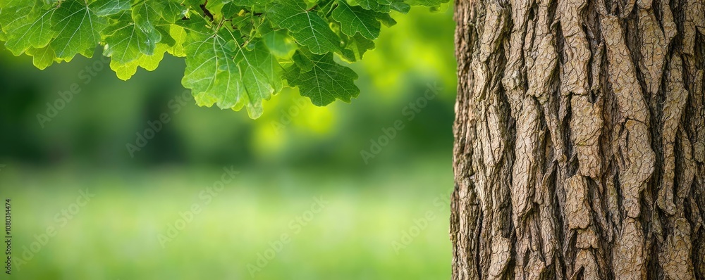 Poster close-up of a tree trunk with lush green leaves in the background.