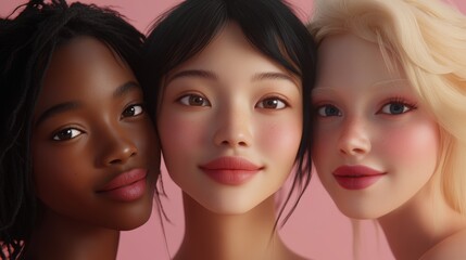 Fototapeta premium Three diverse women smiling closely together against a pink background, highlighting beauty, friendship, and diversity in portrait photography.