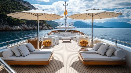 Obraz premium A luxurious yacht with white loungers and parasols on the deck.