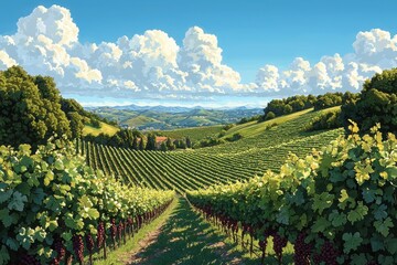 Naklejka premium Explore the beauty of a lush vineyard with rows of vibrant grape vines in a scenic landscape